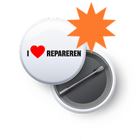 Een witte button met I love repareren erop.